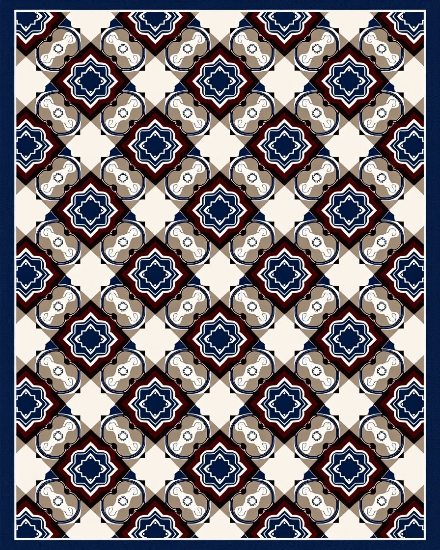 Geometric Lattice Indigo Burgundy Design Rug
