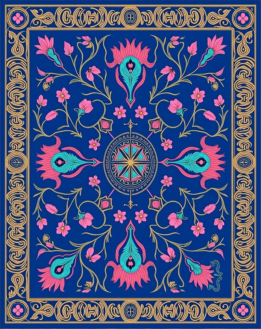 Vibrant Floral Vines Border Design Rug