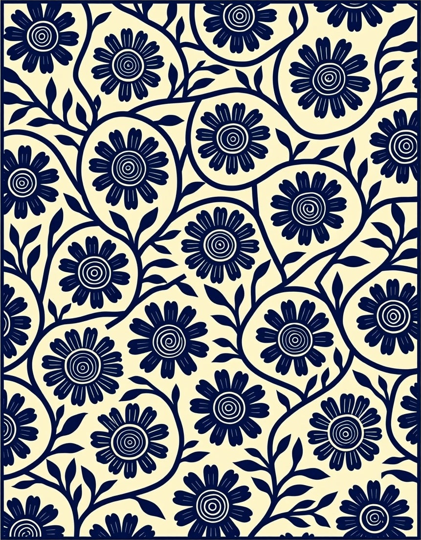 Classic Navy Floral Vine Pattern Rug