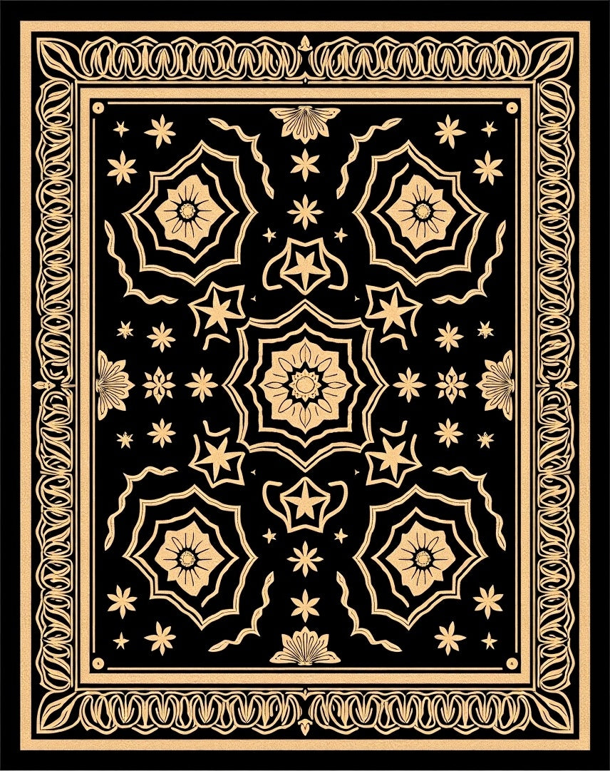 Ornate Black Gold Mandala Pattern Rug