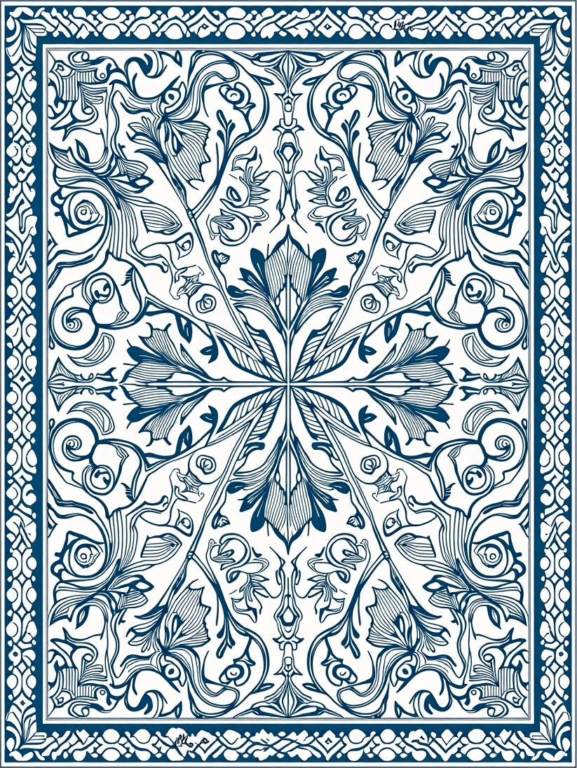 Intricate Blue Floral Patterned Art Deco Rug