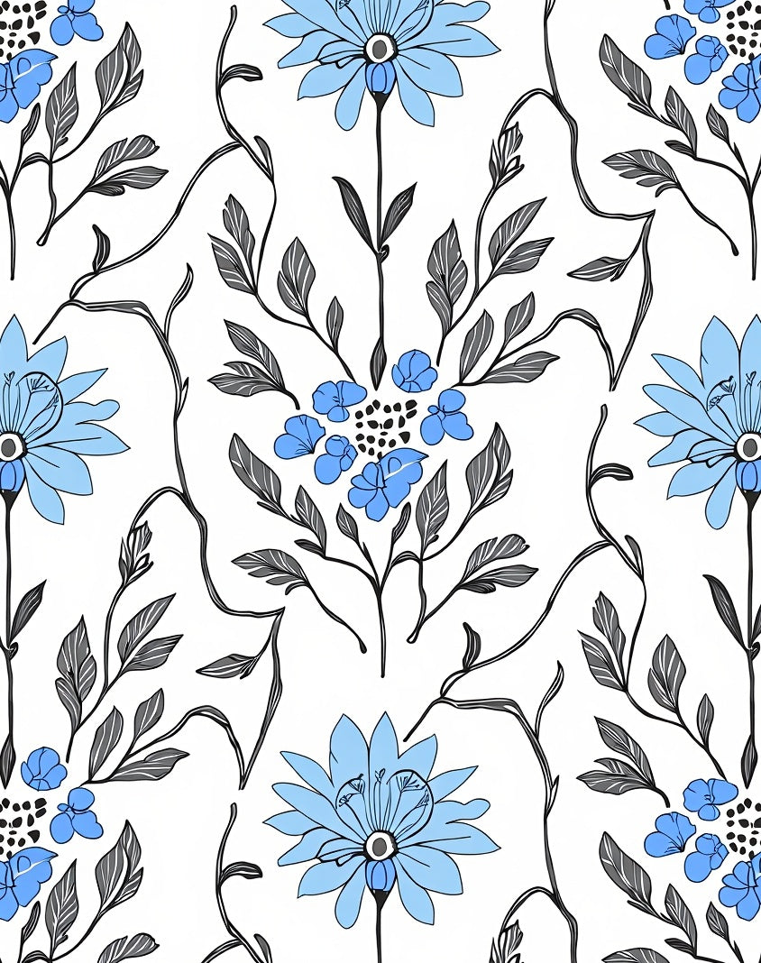 Blue Gray Botanical Pattern Rug