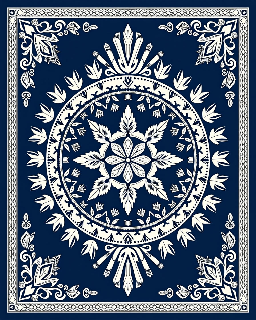 Dark Blue Floral Medallion Mandala Rug