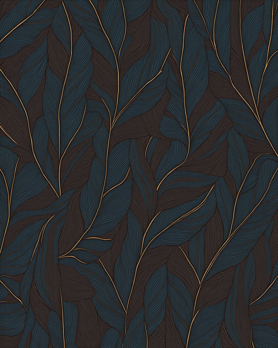 Dark Teal and Gold Feather Pattern Rug