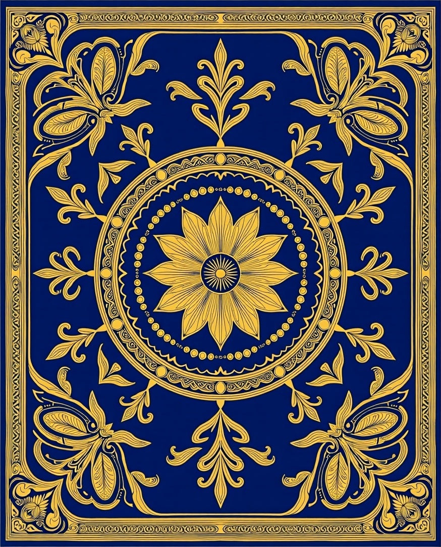 Royal Blue Golden Floral Medallion Rug