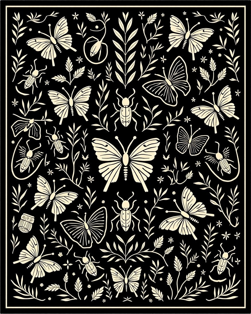 Black cream butterfly insect foliage composition Rug