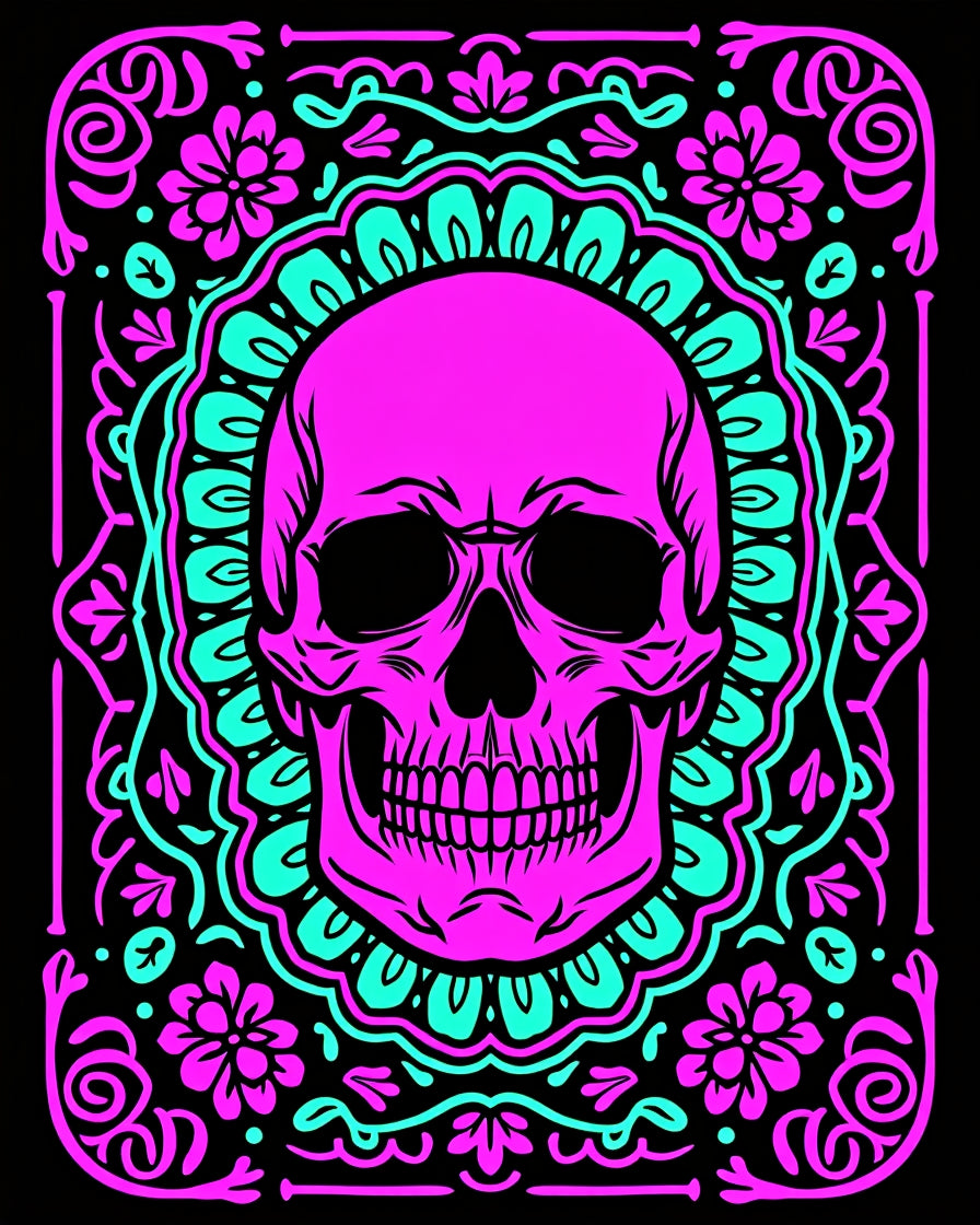 Bright Pink Skull Floral Round Rug