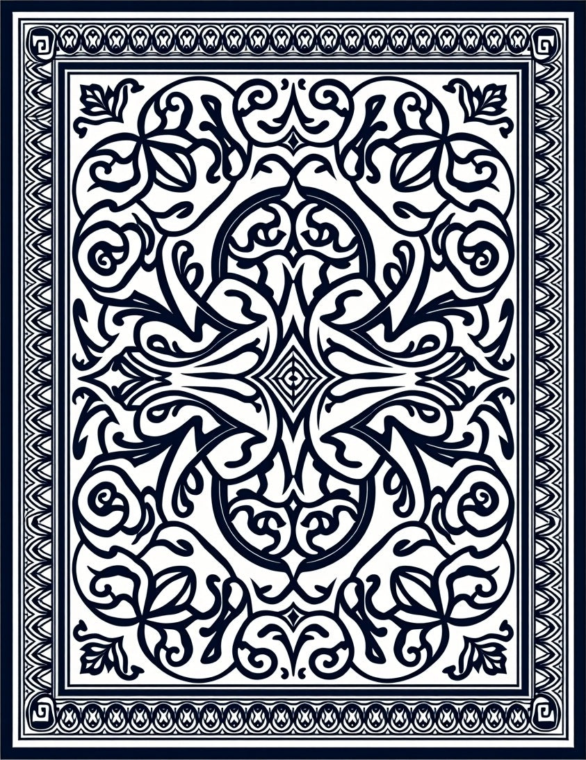 Intricate Black White Floral Scroll Design Rug