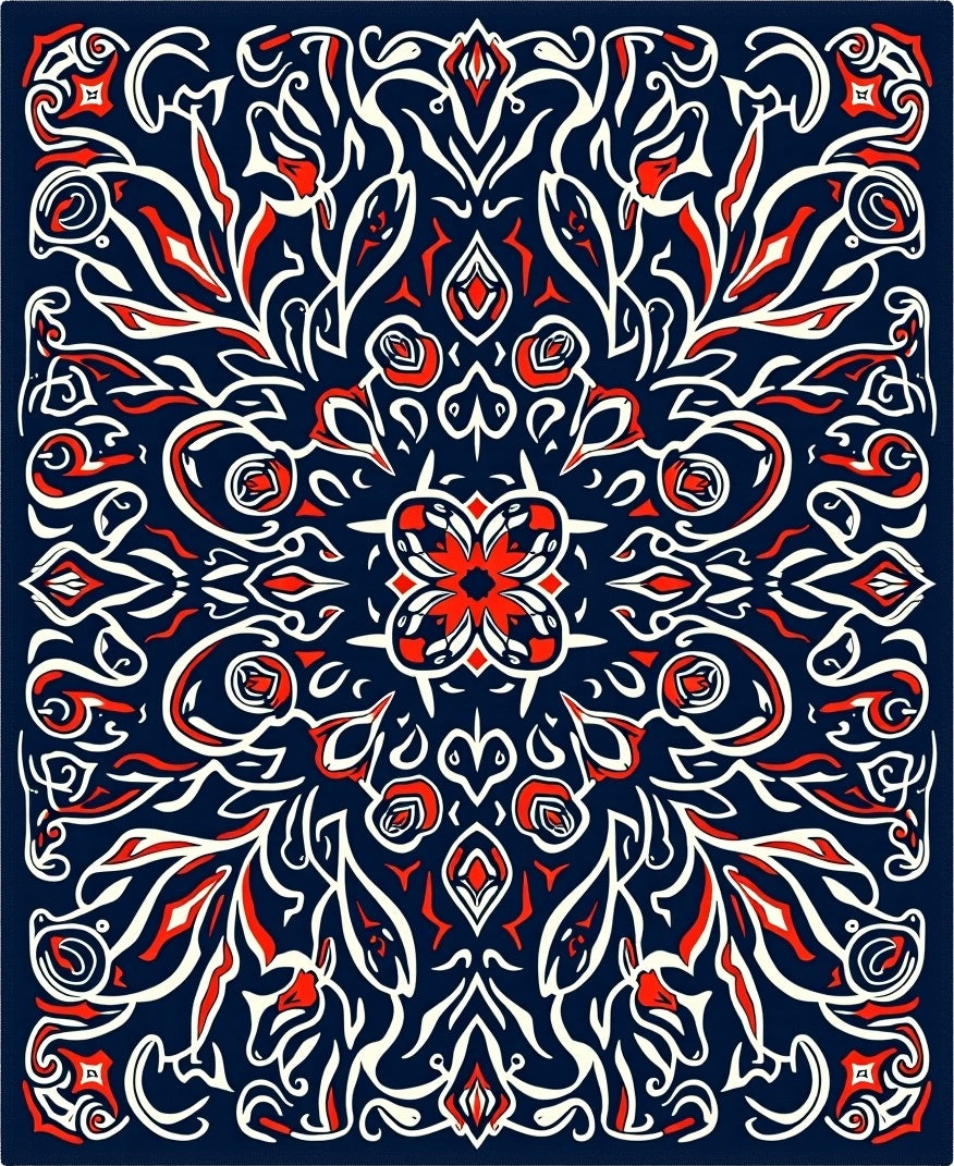 Red White Blue Intricate Floral Design Rug