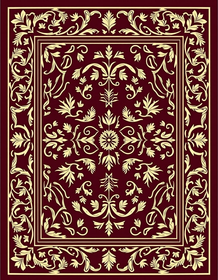 Elegant Floral Bordered Burgundy Design Rug