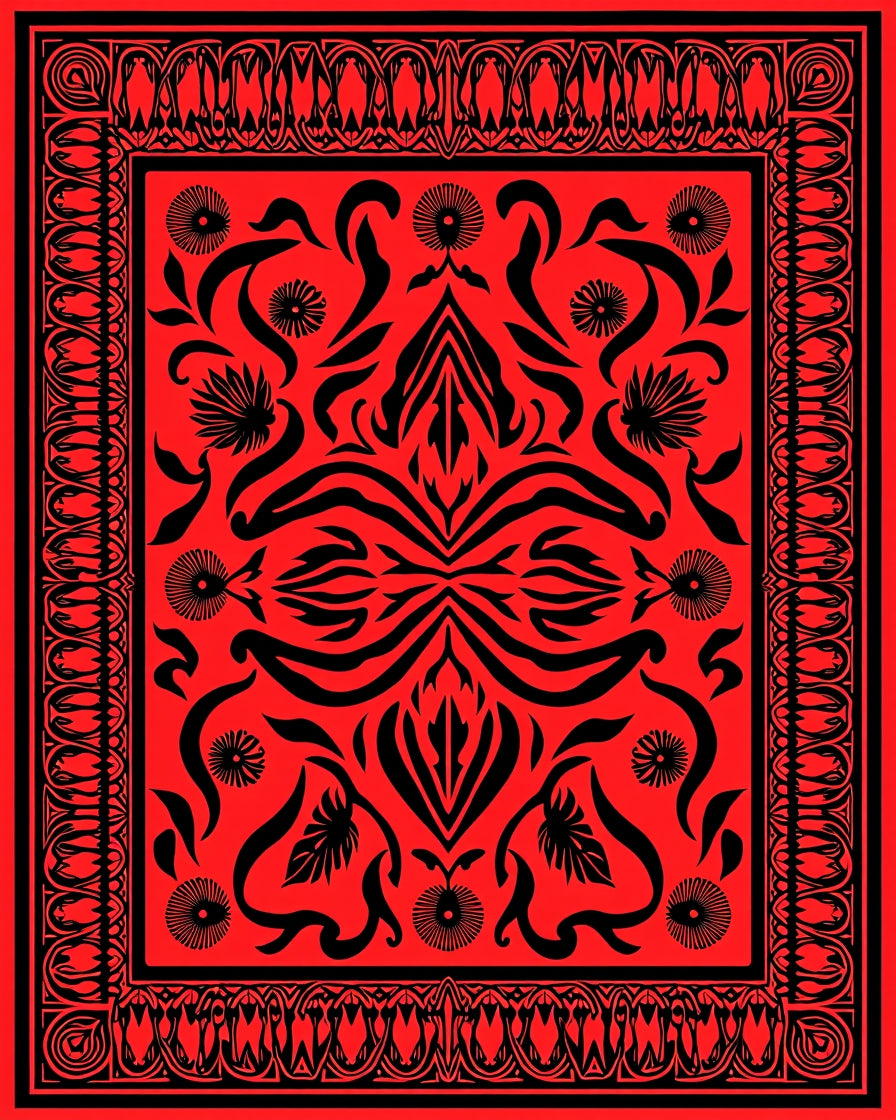 Ornate Floral Art Nouveau Black Red Rug
