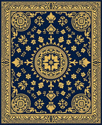 Ornate Gold Floral Blue Medallion Rug
