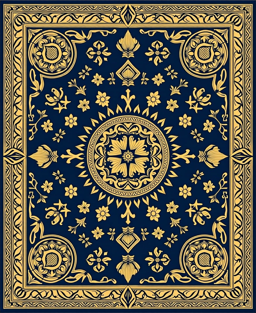 Ornate Gold Floral Blue Medallion Rug