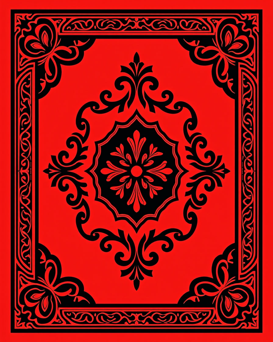 Rich Red Black Floral Symmetry Rug