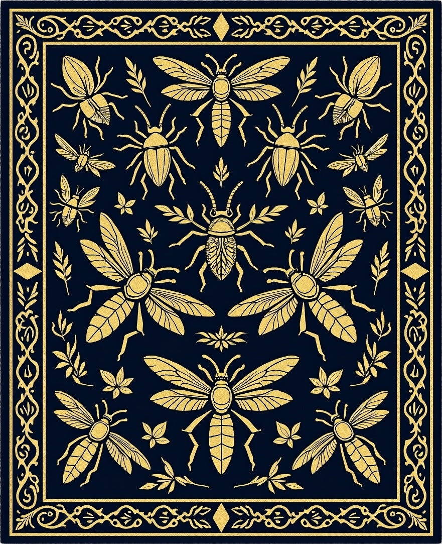 Golden Insects on Navy Blue Field Rug