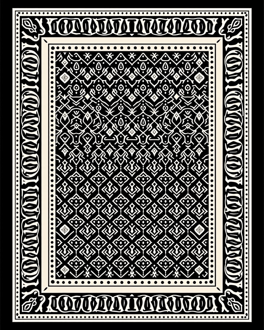 Intricate Black White Geometric Border Design Rug