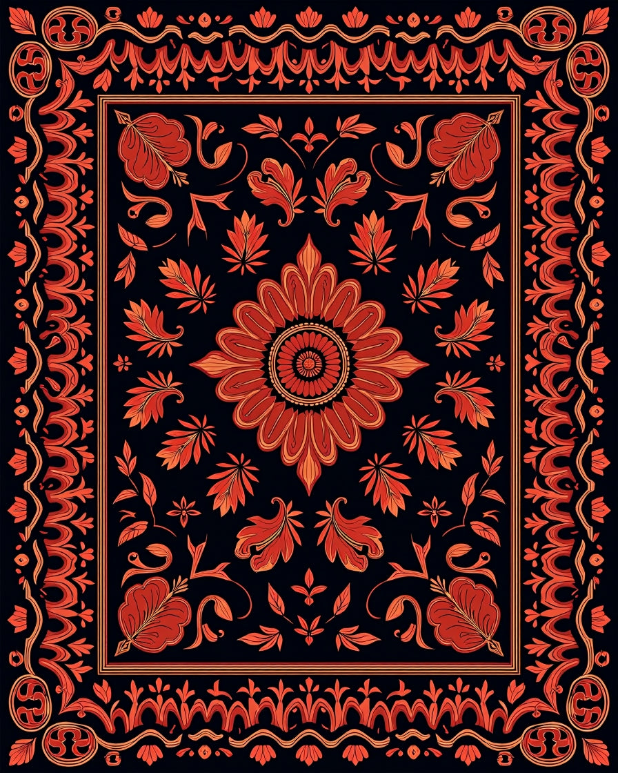 Intricate Floral Pattern Red Orange Rug