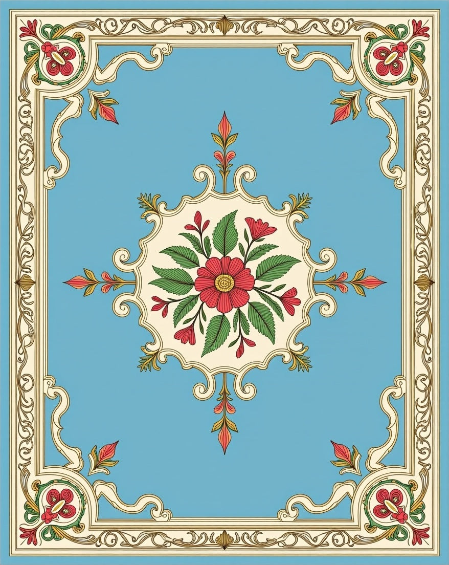 Ornate Floral Bordered Design Rug