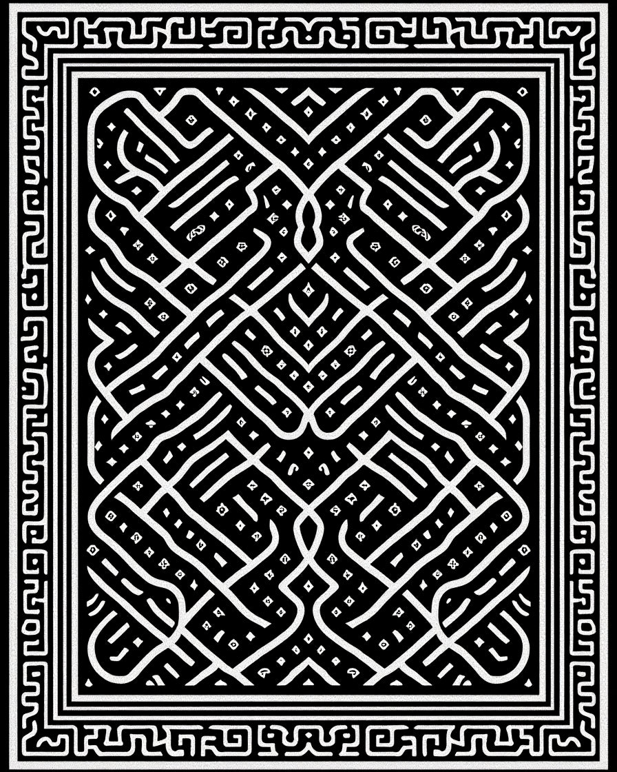 Intricate Black White Geometric Pattern Rug