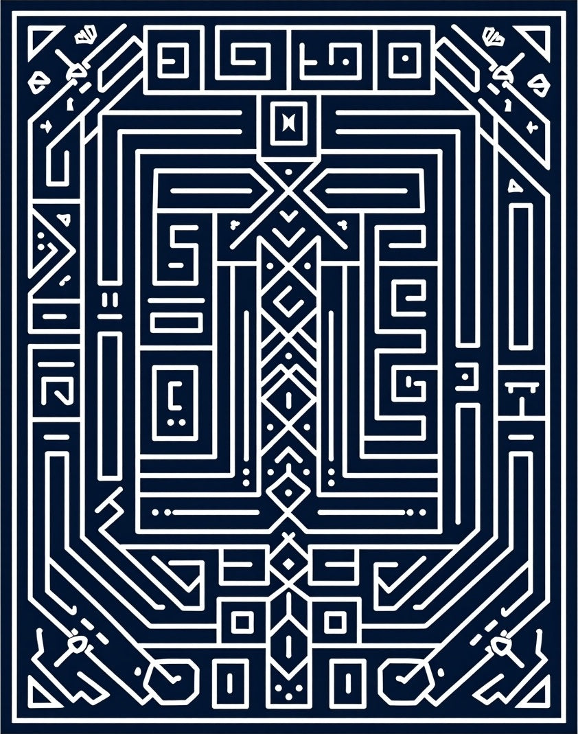Intricate Geometric Maze White On Navy Rug