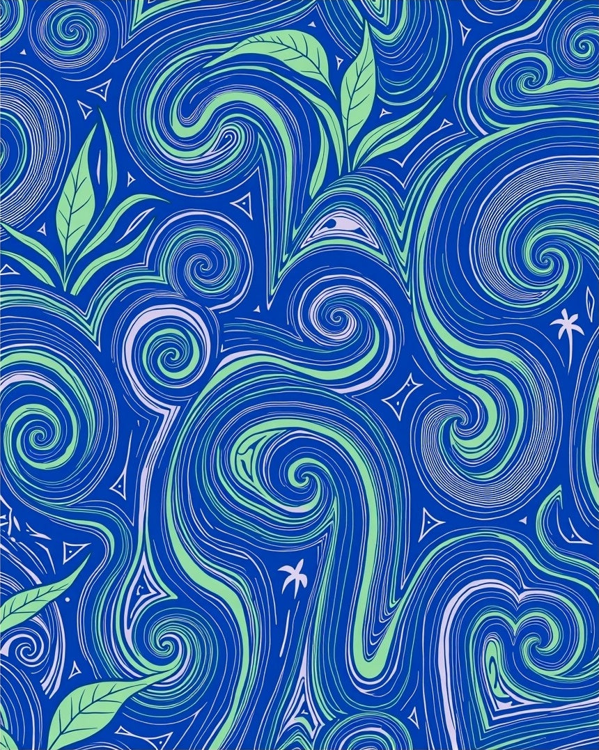 Vibrant Blue Swirling Floral Landscape Rug
