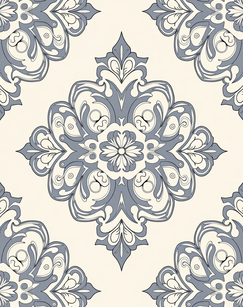 Elegant Ivory Blue Damask Pattern Rug