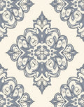 Elegant Ivory Blue Damask Pattern Rug