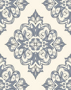 Elegant Ivory Blue Damask Pattern Rug