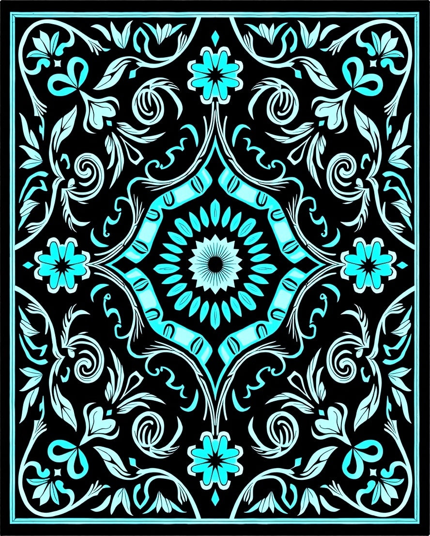 Black Teal Floral Scrollwork Design Rug