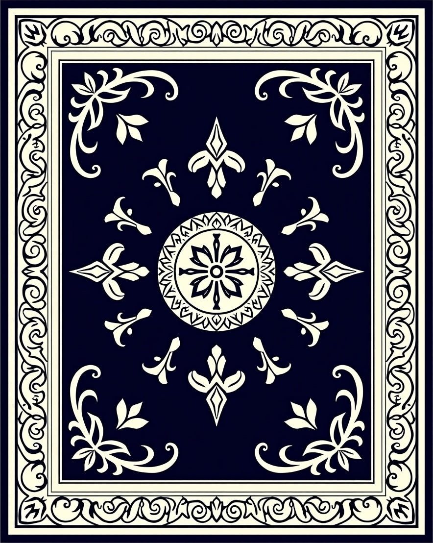 Dark Blue Cream Ornate Floral Design Rug