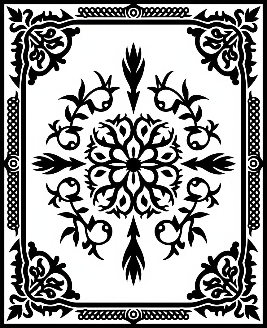 Intricate Floral Bordered Black Rug