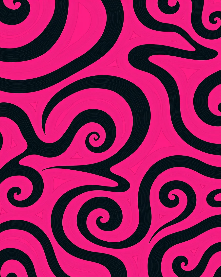 Vibrant Pink Swirls Black Curving Rug