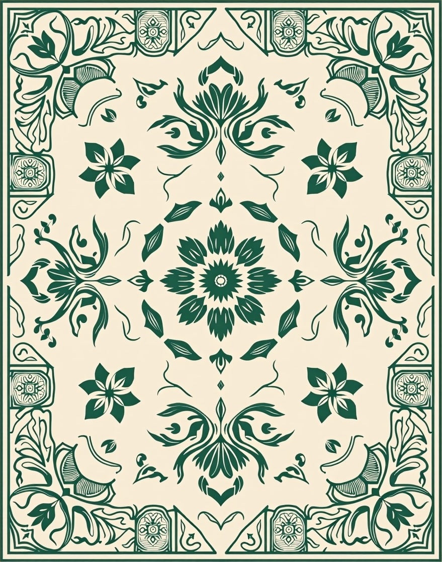Elegant Green Floral Central Medallion Design Rug