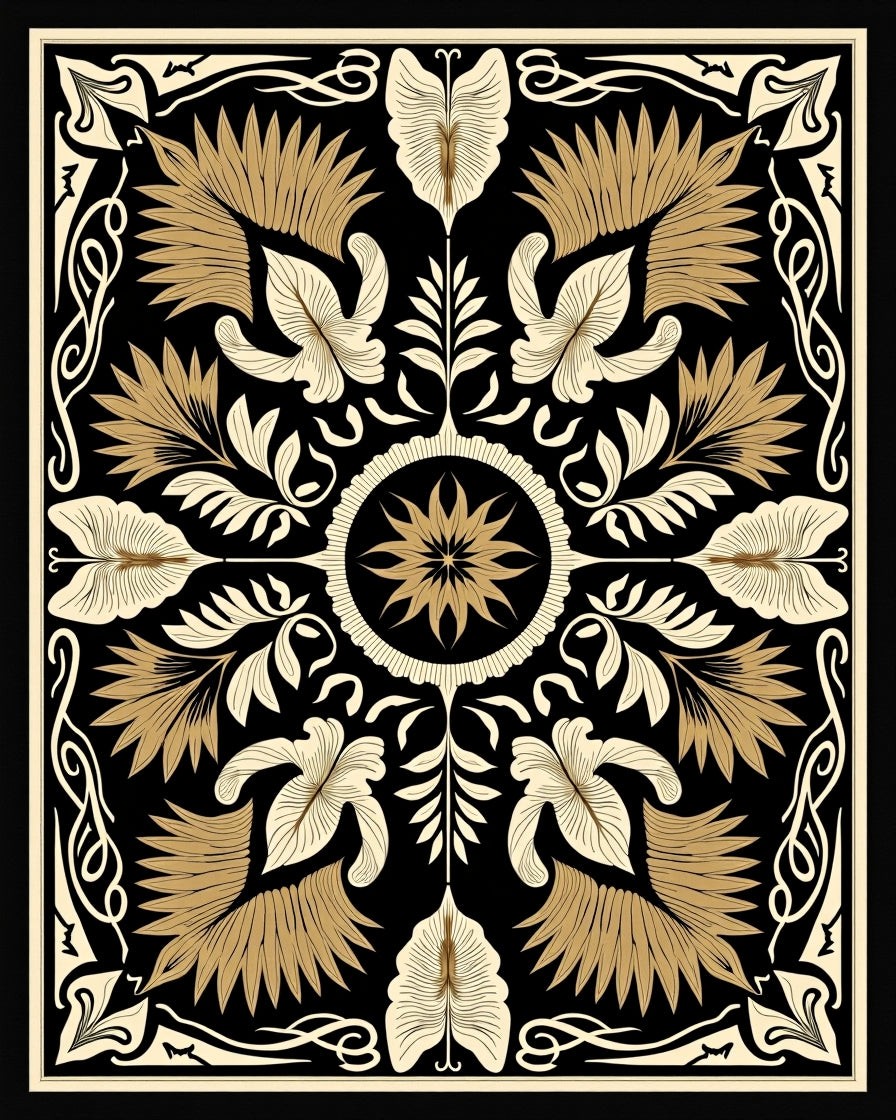 Elegant Gold Leaf Floral Motif Rug