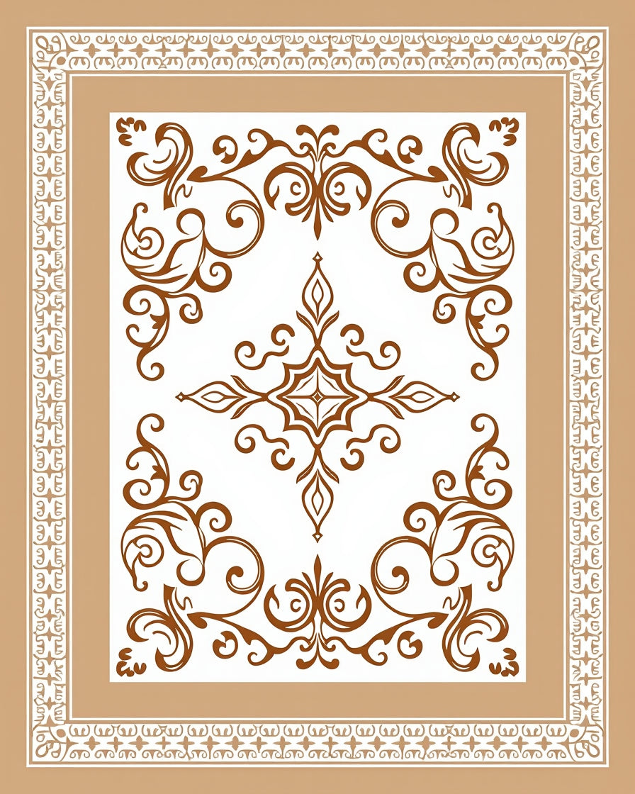 Ornate Brown Scrollwork Border Design Rug