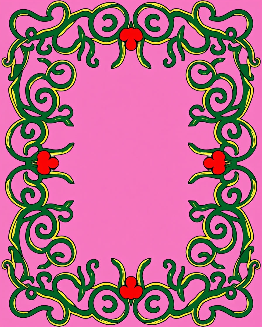 Whimsical Pink Green Red Floral Border Rug