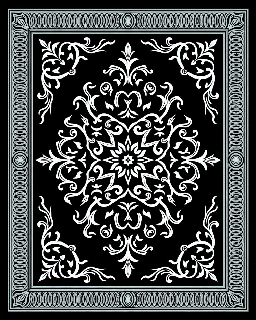Classic Black White Floral Scroll Design Rug