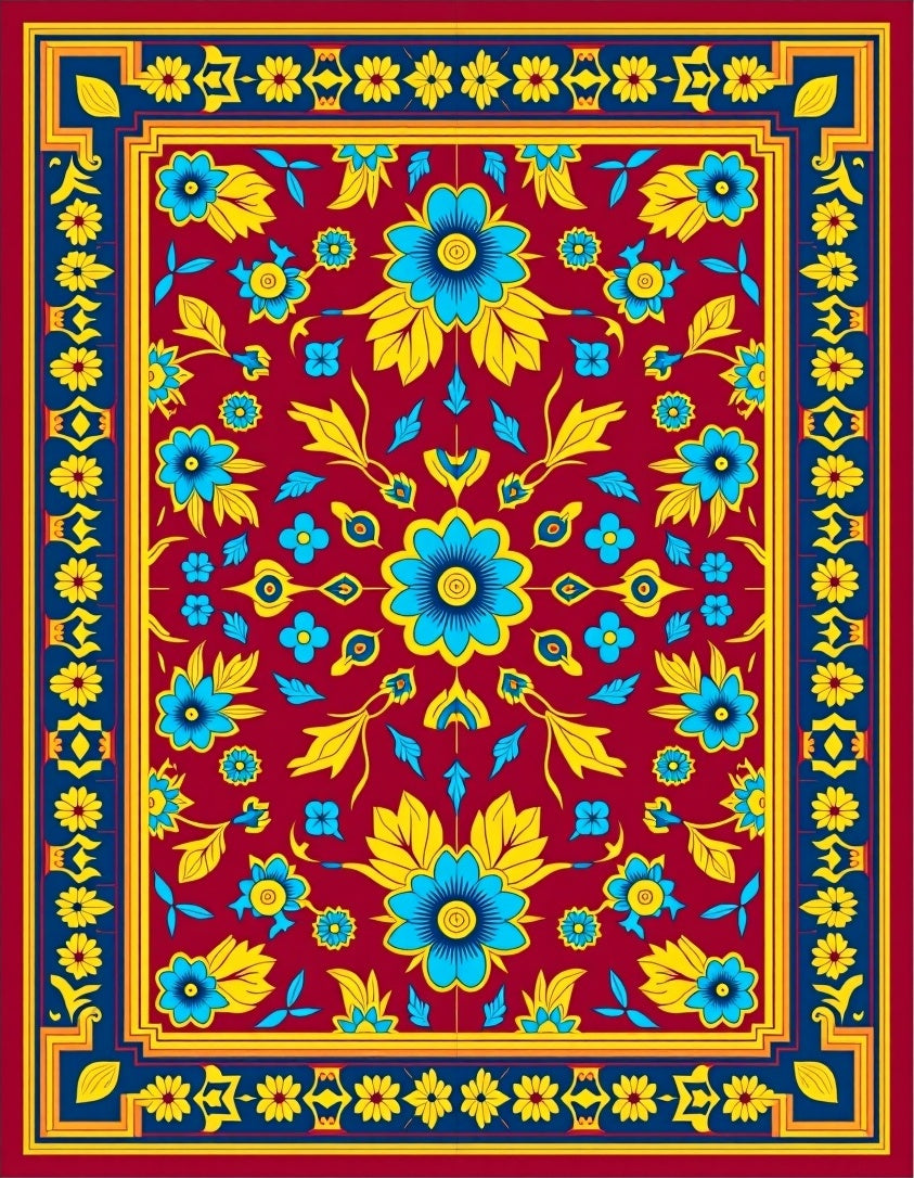 Vibrant Floral Medallion With Geometric Border Rug