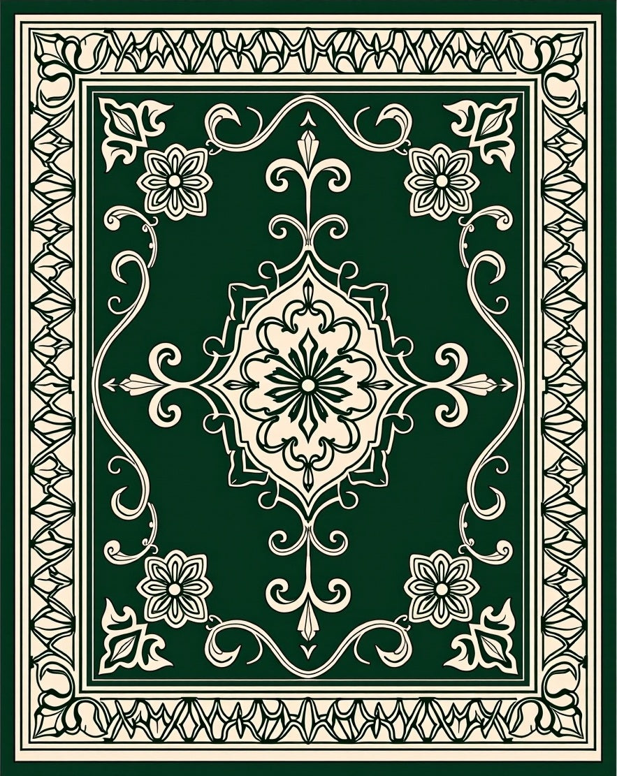 Green Floral Medallion Traditional Framed Rug