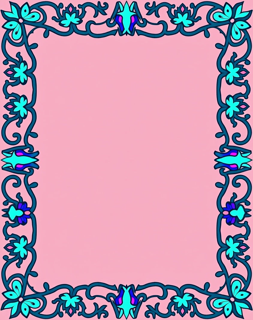 Teal Floral Vine Border Pink Rug