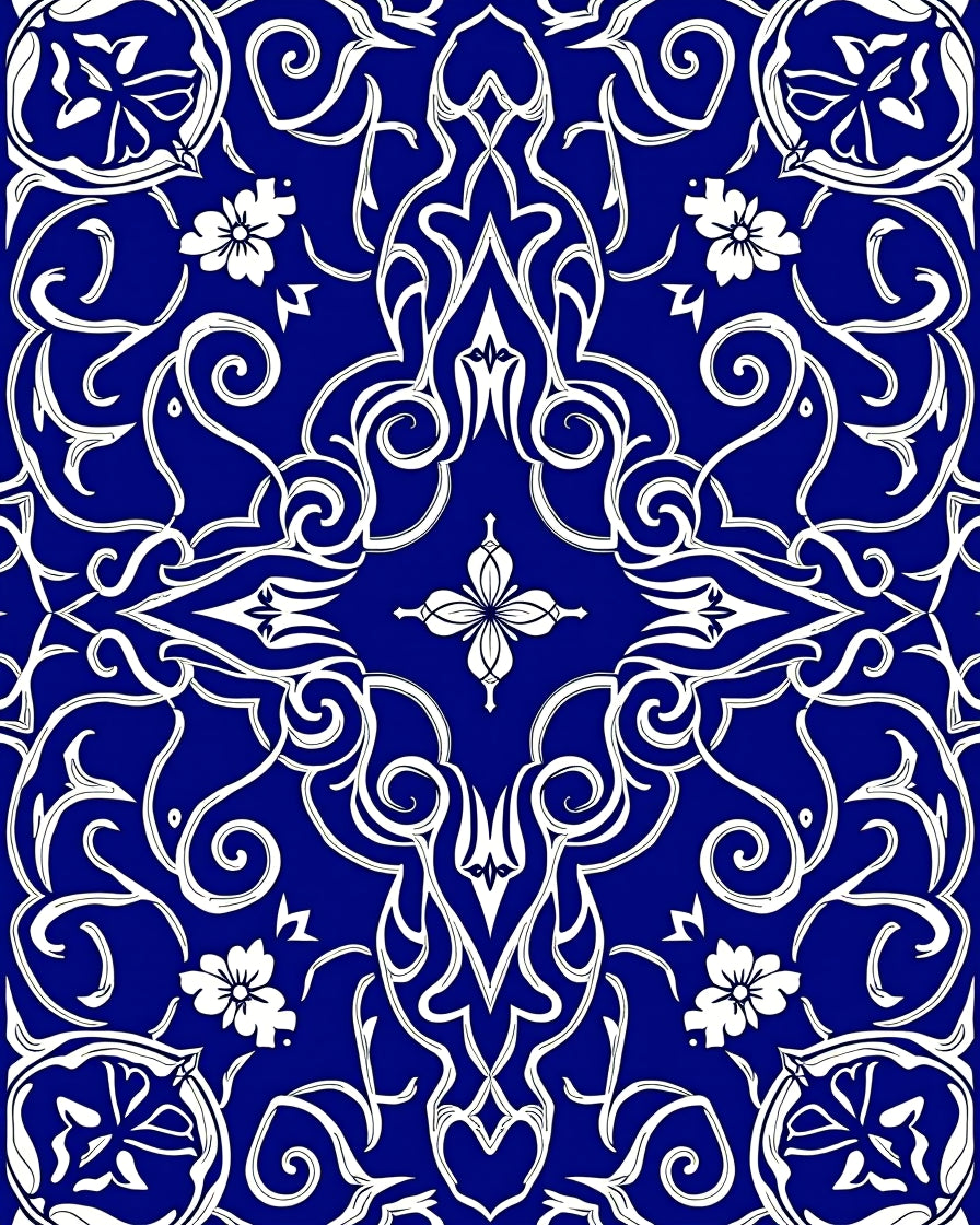 Intricate Blue White Floral Swirls Rug