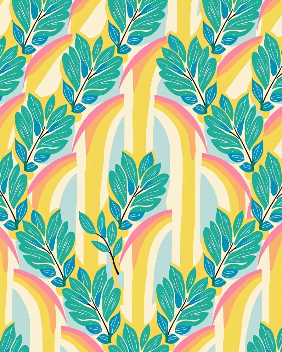 Vibrant Teal Leaf Rainbow Abstraction Rug