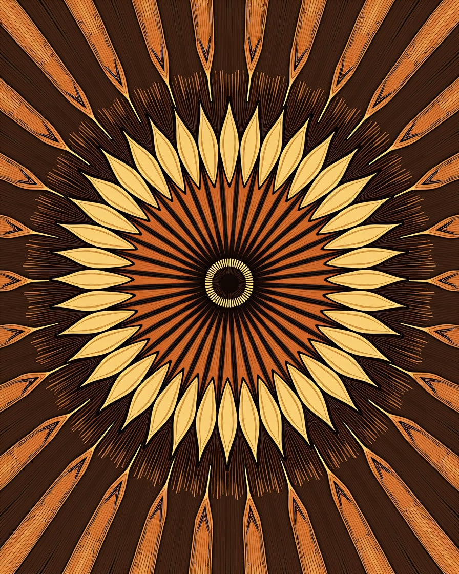 Golden Sunburst Wood Grain Mandala Rug