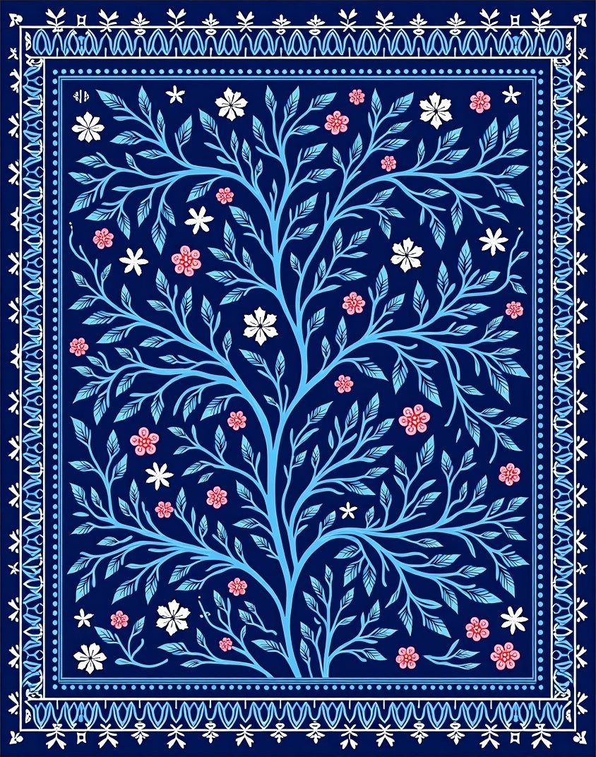 Bold Blue Tree of Life Floral Rug