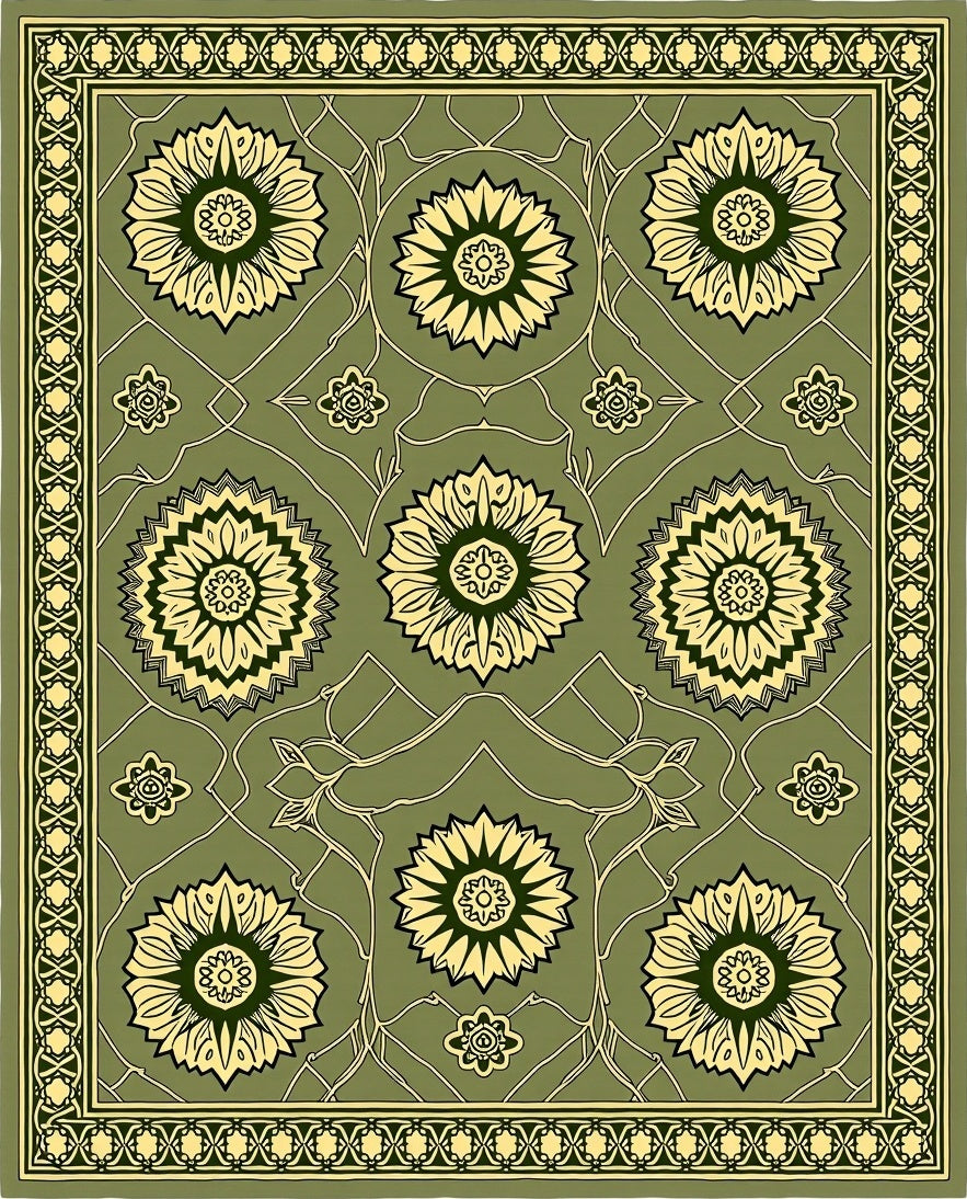 Olive Green Floral Medallion Border Rug