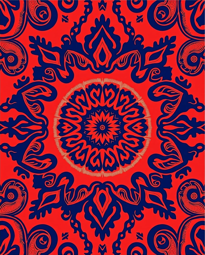 Ornate Red Blue Mandala Pattern Rug