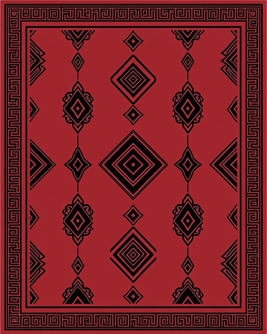 Geometric Red Black Diamond Pattern Rug