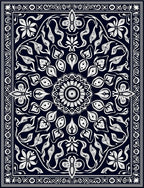 Dark Blue White Floral Mandala Border Rug