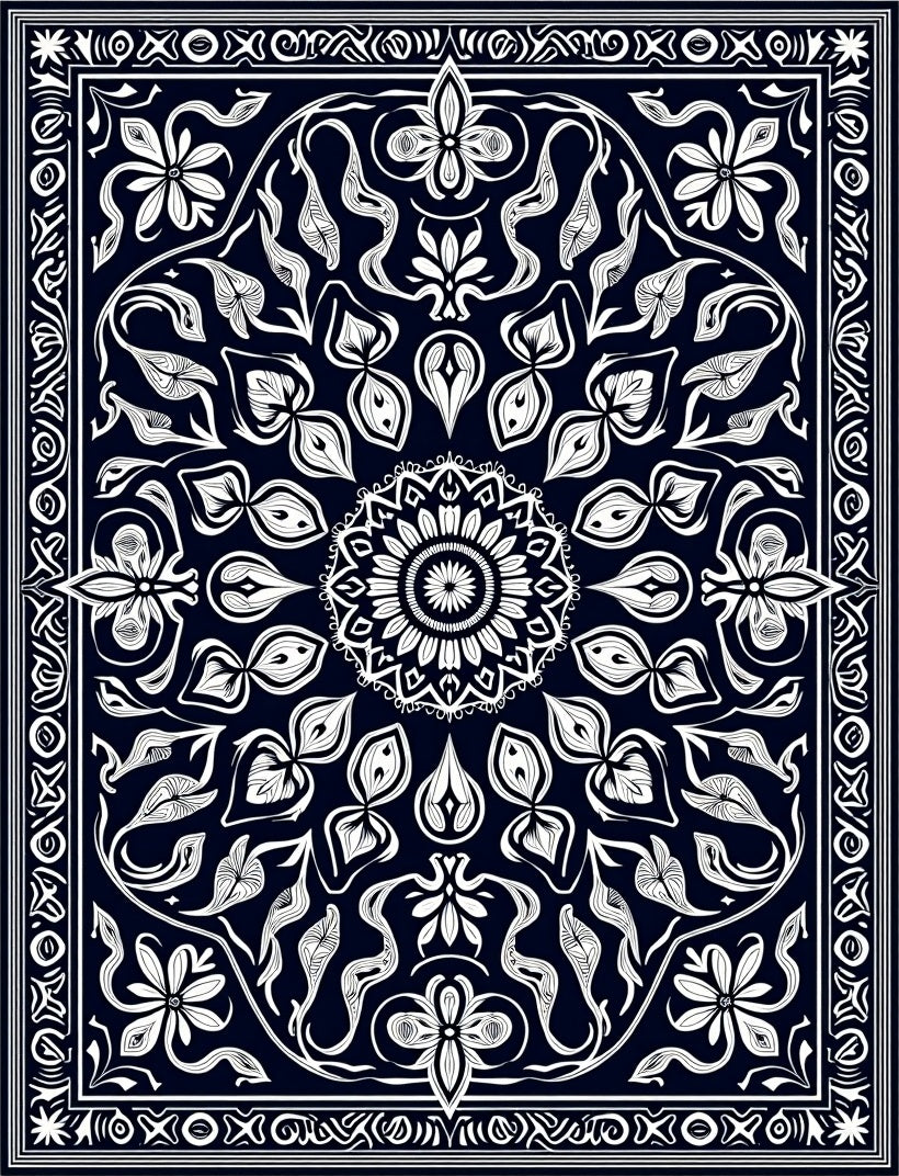 Dark Blue White Floral Mandala Border Rug