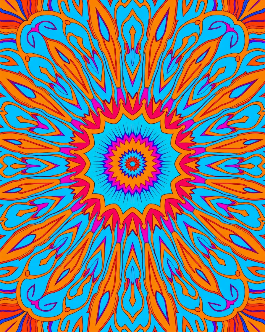 Vibrant Psychedelic Sunburst Mandala Design Rug